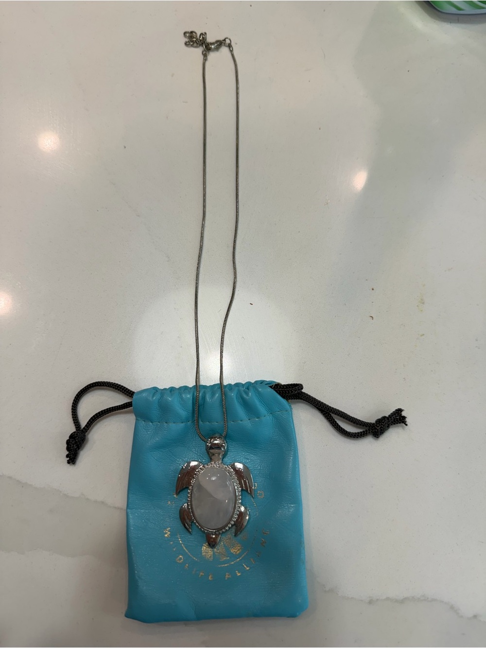 Silver Turtle Pendant Necklace with White Stone